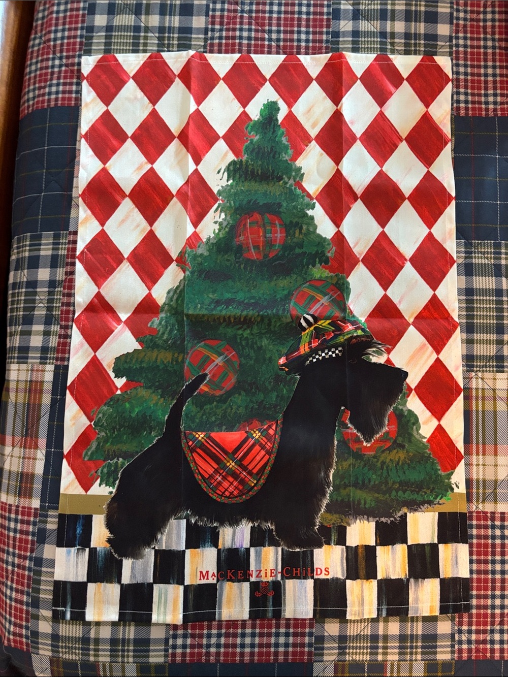 MacKenzie-Childs Black Scottie Dog Holiday Towel - Red, Green, Gold